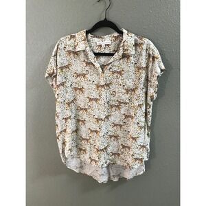 Jane + Delancey Cheetah Leopard Print Button Down Shirt Women Medium Safari Top
